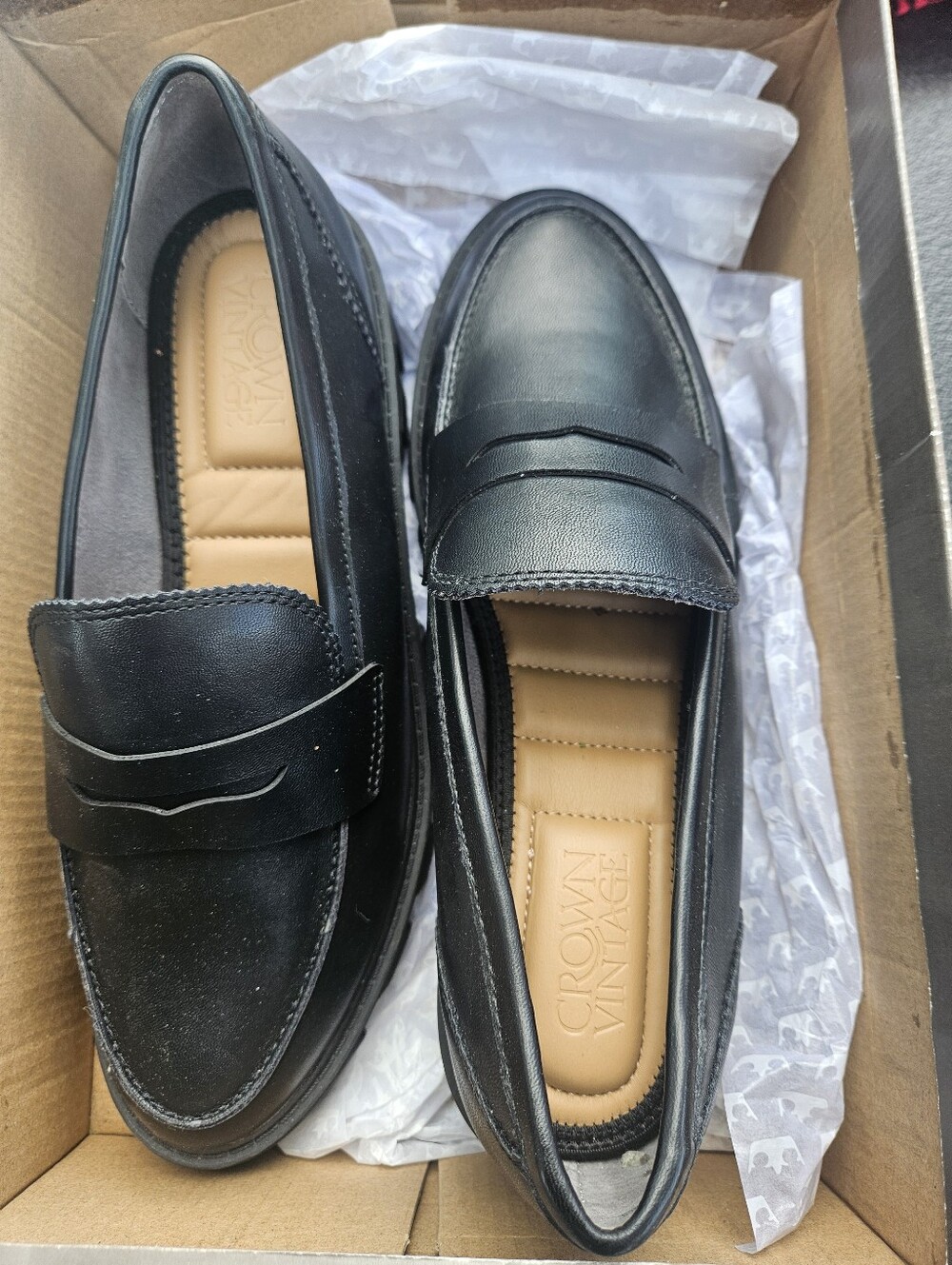 Crown Vintage Black Leather Penny Loafers with Tan Insole